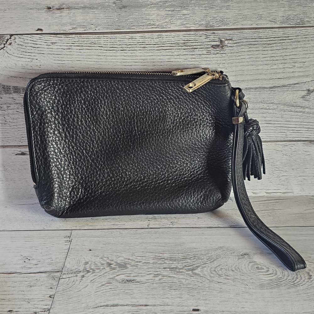 Talbots Wristlet Black Pebbled Leather Purse 6x8 Double Zipper Tassel Pockets